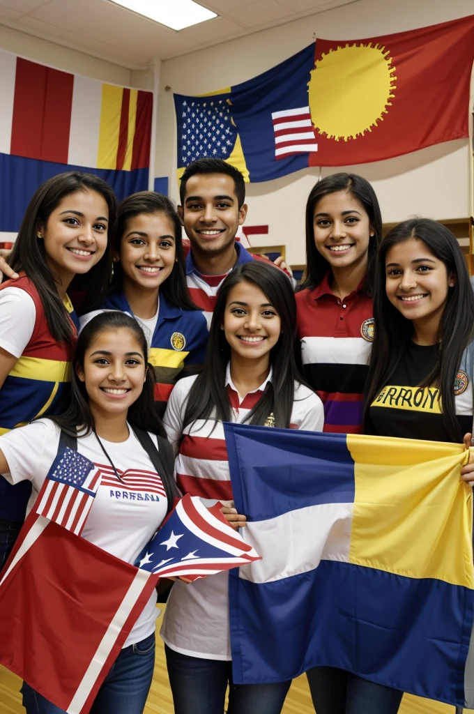 University drawing with happy students and flags of the United States and Colombia