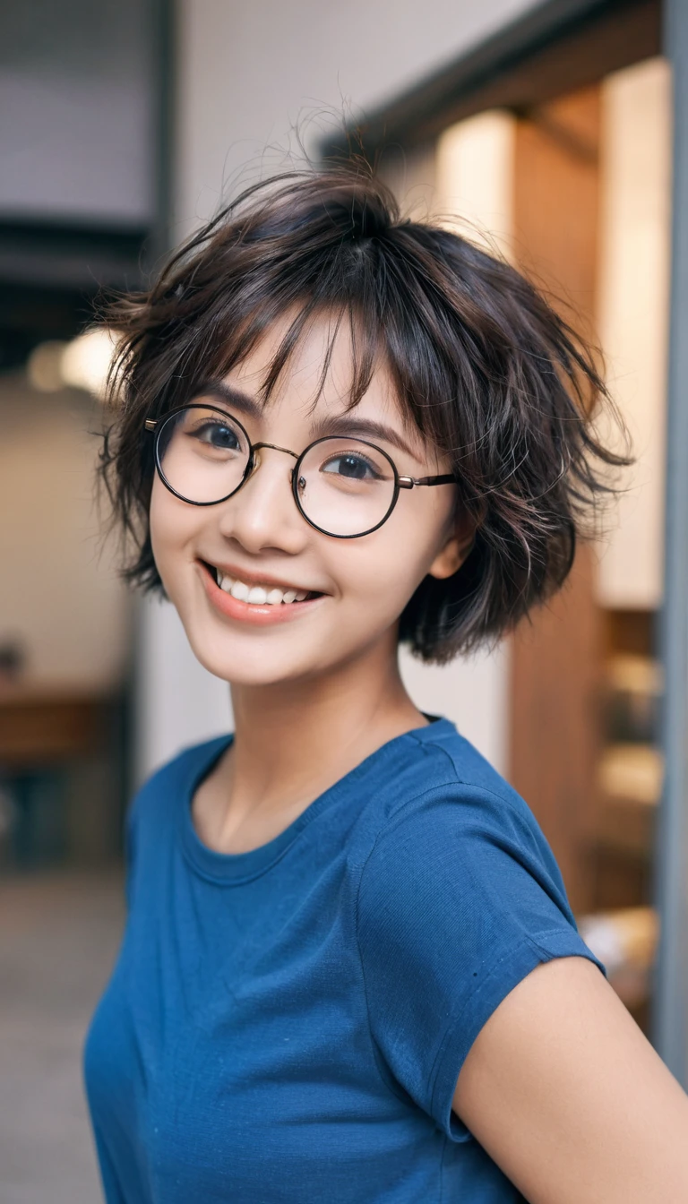 1 Girl, Round glasses, Big glasses, Smile, Looking at the camera, Messy short hair, Dark skin, Round eyes, Blue shirt, Black shorts, close up, Magazine Lens, Dynamic poses