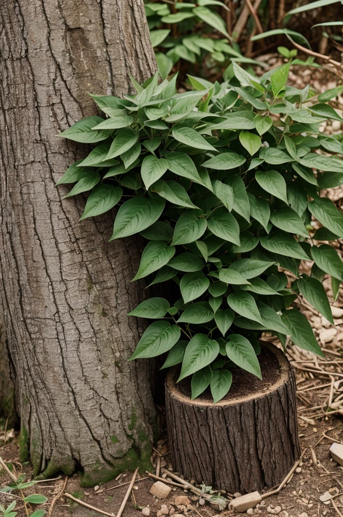 Photograph of an Aloysia citrodora plant showing its leaves and flowers and a tree stump nearby