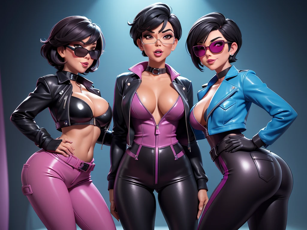 obra prima, melhor qualidade, ((kris jenner, tan skin, short black bob hair,)) head back, sassy wicked, open mouth, ((big teeth smile, shiny periwinkle lipstick, sunglasses,)) thick smoky black eye shadow, long fake eyelashes, sticking tongue out, (cerulean blue leather jacket with bob shoulder,) biker jacket has stiff collar, leather blouse, ((magenta pvc pants, pockets, unzipped front,)) studs zippers snaps, shiny leather gloves, nip slip, body is skinny, laying down hugging each other on sofa, shiny tight buttocks, arched back, mashing breasts, ((passionate kissing, hand inside pants,)) camera view of whole body, looking up at me, shallow depth of field, highres, HD, 8k, anatomically correct