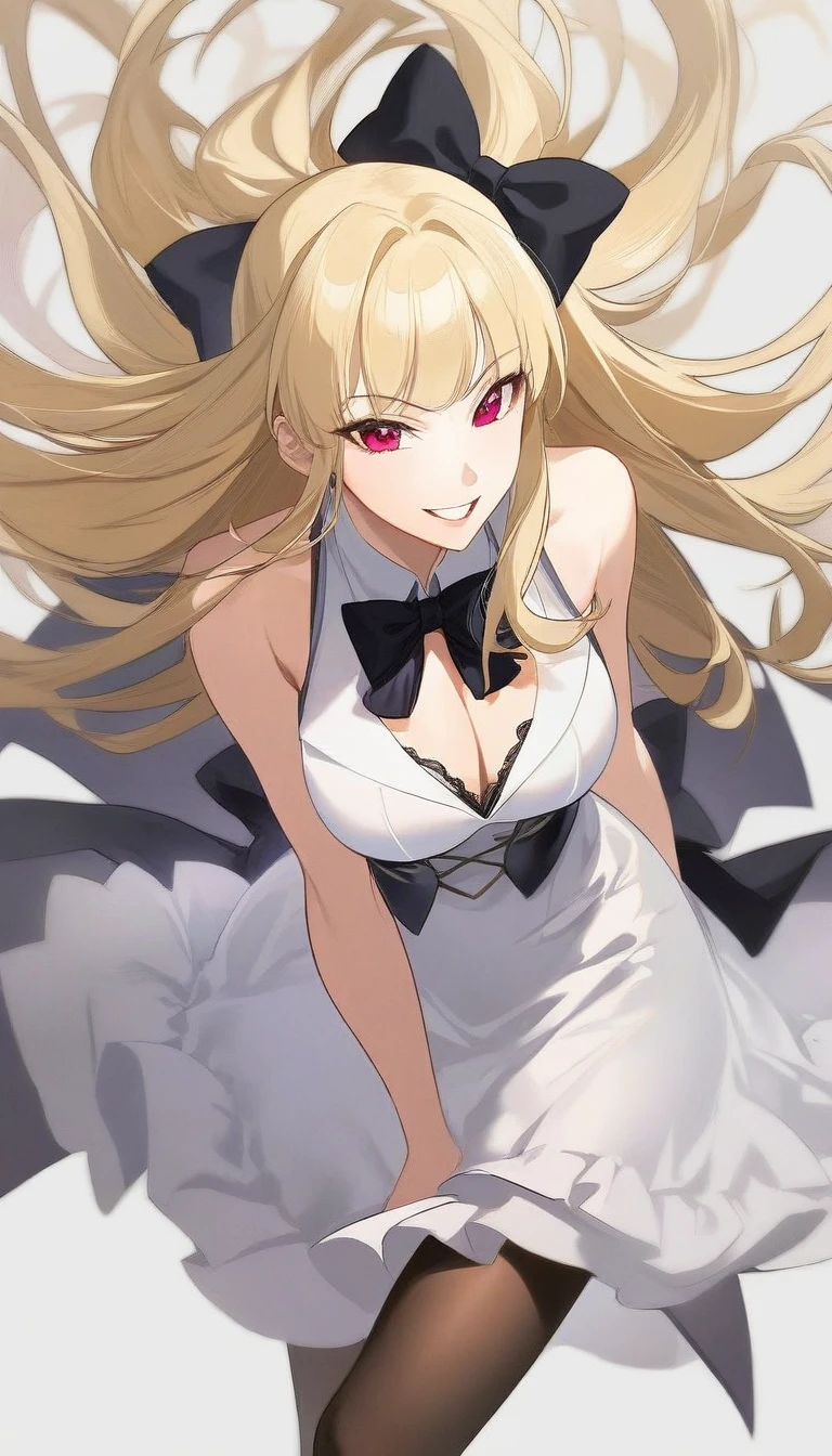 (1girl,20 years old,mature female),blonde hair,long hair,white dress, sleeveless,black bow tie, bare shoulders,smile,cleavage,pantyhose,evil smile,teeth((white background)), aesthetic, detailed, beautiful color amazing quality, best quality, high quality