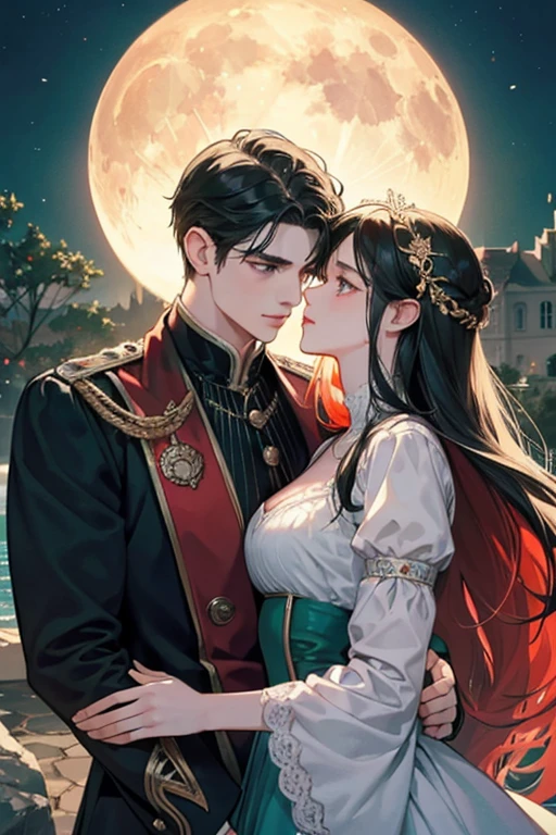 (masterpiece, a couple, high quality, best quality) The royal couple during the dance, The Guy is a perfect blond, blue-eyed aristocrat gave the impression of untouchability due to his overly bright facial features.A girl with long black hair, red eyes. Very close to each other. A girl in a beautiful dark green dress, a beautiful figure, very close to a guy, hugging excitedly, moonlight, beautiful facial features, desire, novel, couple, elegance. the cover of a novel for adults, good quality, sensual pose, lustful looks. the colors of the King,beautiful androgynous prince, knight and princess, delicate androgynous prince, romanticism art style, anime key visual of elegant, royal portrait, a girl with long black hair, resin-colored hair, red eyes, fair skin, light green dress. Background: The royal garden at night. Moon Lighting. Girl black hair red eyes, guy golden hair blue eyes, age 25, detailed face, manly man passionately hugs a girl, a girl is a princess of an enemy country with long black hair and red eyes, a man with golden hair and blue eyes, contrasting colors, passionate relationship, a girl in a green fitted dress with a neckline, a , male king in royal costume, after the ball, background of the royal garden, the lighting is cold, intimacy between the couple, passion. A very sexy man, . A girl is sitting on a man's lap, a passionate pose, a beautiful girl, a lot of details. Blond man, dark-haired girl