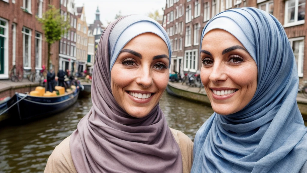 raw closeup of a stunningly beautiful hijab woman, by the canals of holland, shops selling gouda cheese, RAW, 8K, UHD, natural lighting, perfect day, amateur, candid, extreme close up, 