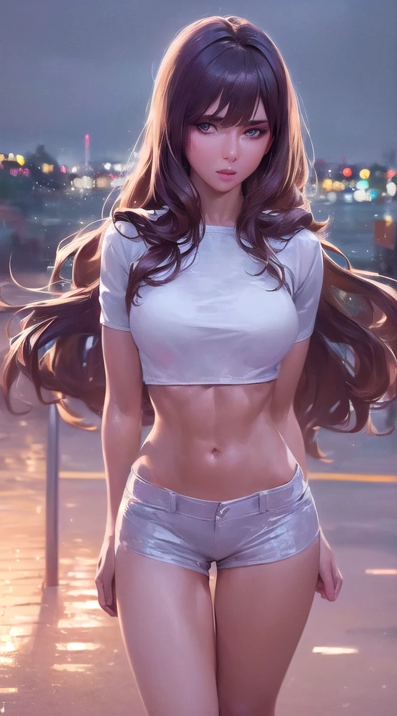 ((Realistic lighting, Best quality, 8K, Masterpiece: 1.3)), Clear focus: 1.2, 1girl, Perfect Figure: 1.4, Slim Abs: 1.1, ((Dark brown hair)), (White crop top: 1.4), (Outdoor, Night: 1.1), City streets, Super fine face, Fine eyes, Double eyelids,