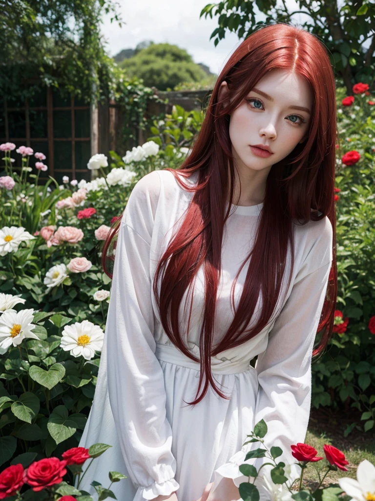 Long red hair, blue eyes, serious features, white skin, loose style, in a garden, with flowers 