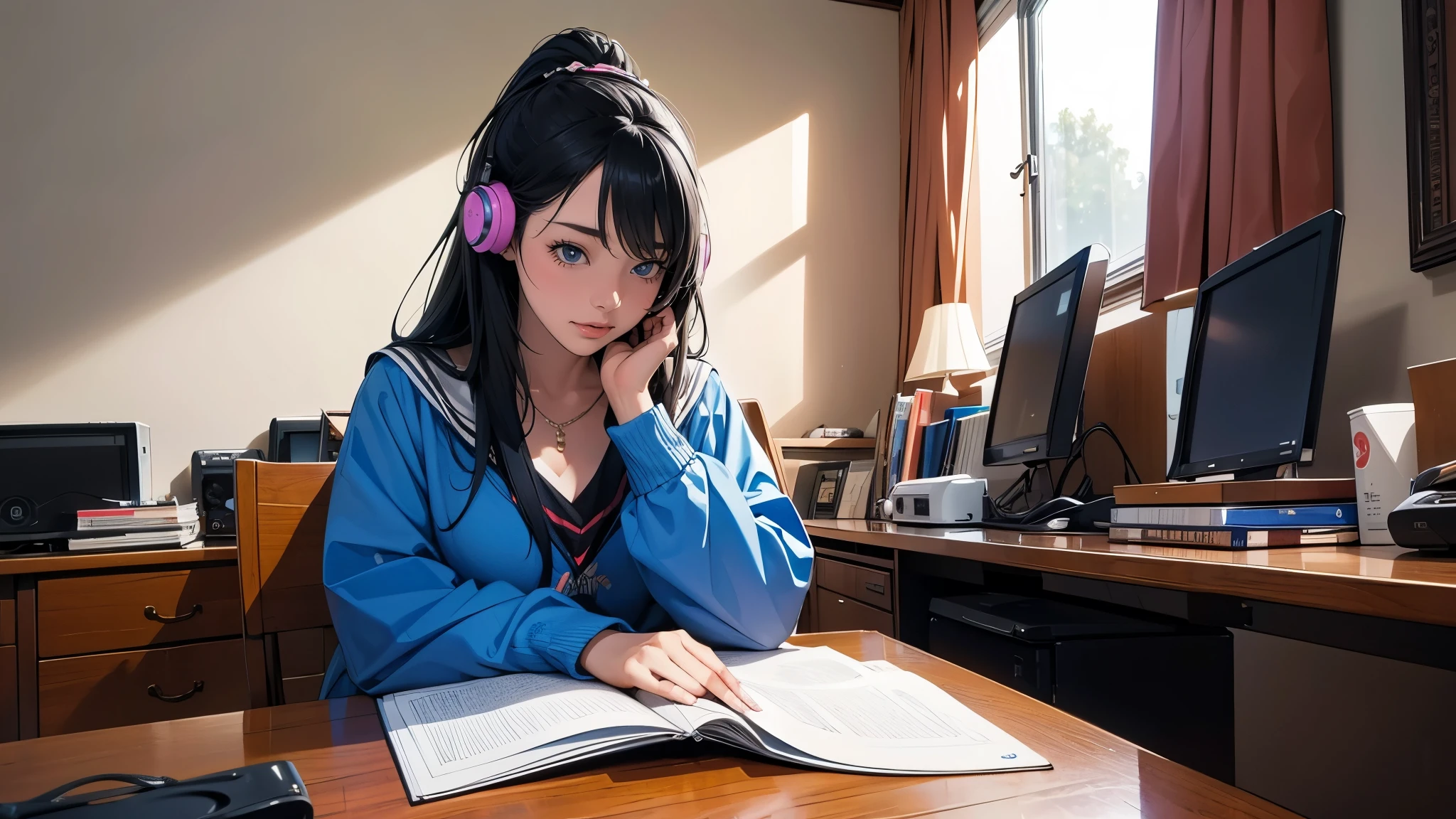 Japanese cartoon girl listening to music and studying at home