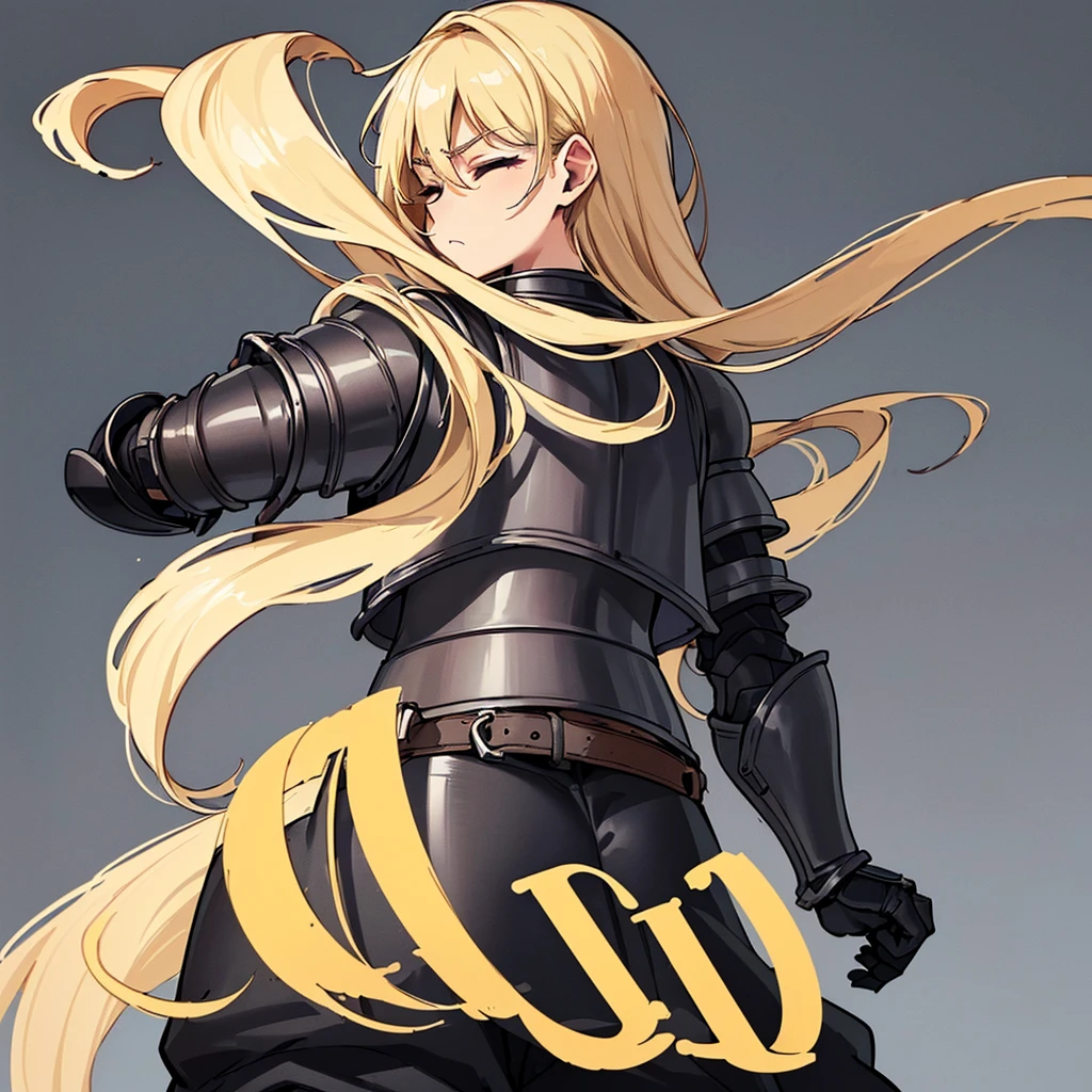 (((Solo)))、Highest quality, Best Quality、(((Gray simple armor、Black trousers))、(woman、18-year-old)、(Blonde、Long Hair)、(Cowboy Shot)、(Simple Background)、(get annoyed)、(Close your eyes、Close your eyes)、(From the back)