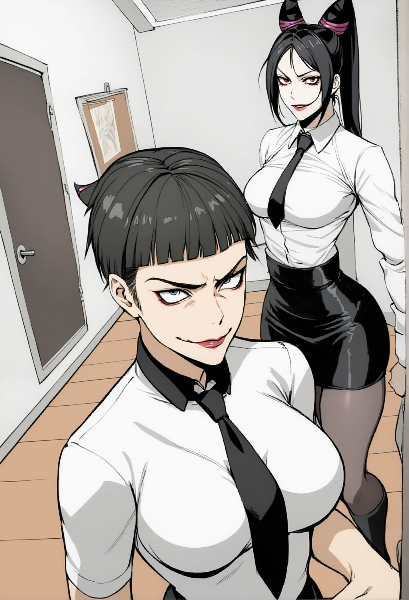 source_anime, rating_explicit, score_9, score_8_up, score_7_up, black_hair, goth, gothic, short_hair, looking at viewer, crop top, skirt, thighhighs, black clotges, goth girl, ikuchan, rape face, sinister, scheming, smirk, standing, indoors, bedroom, fancy wallpaper, 1boy, cuckold pov, large male, ((size difference)), male head out of frame, grabbing another's breast, light skinned male, pale skinned male, ntr, netorare, standing side by side 