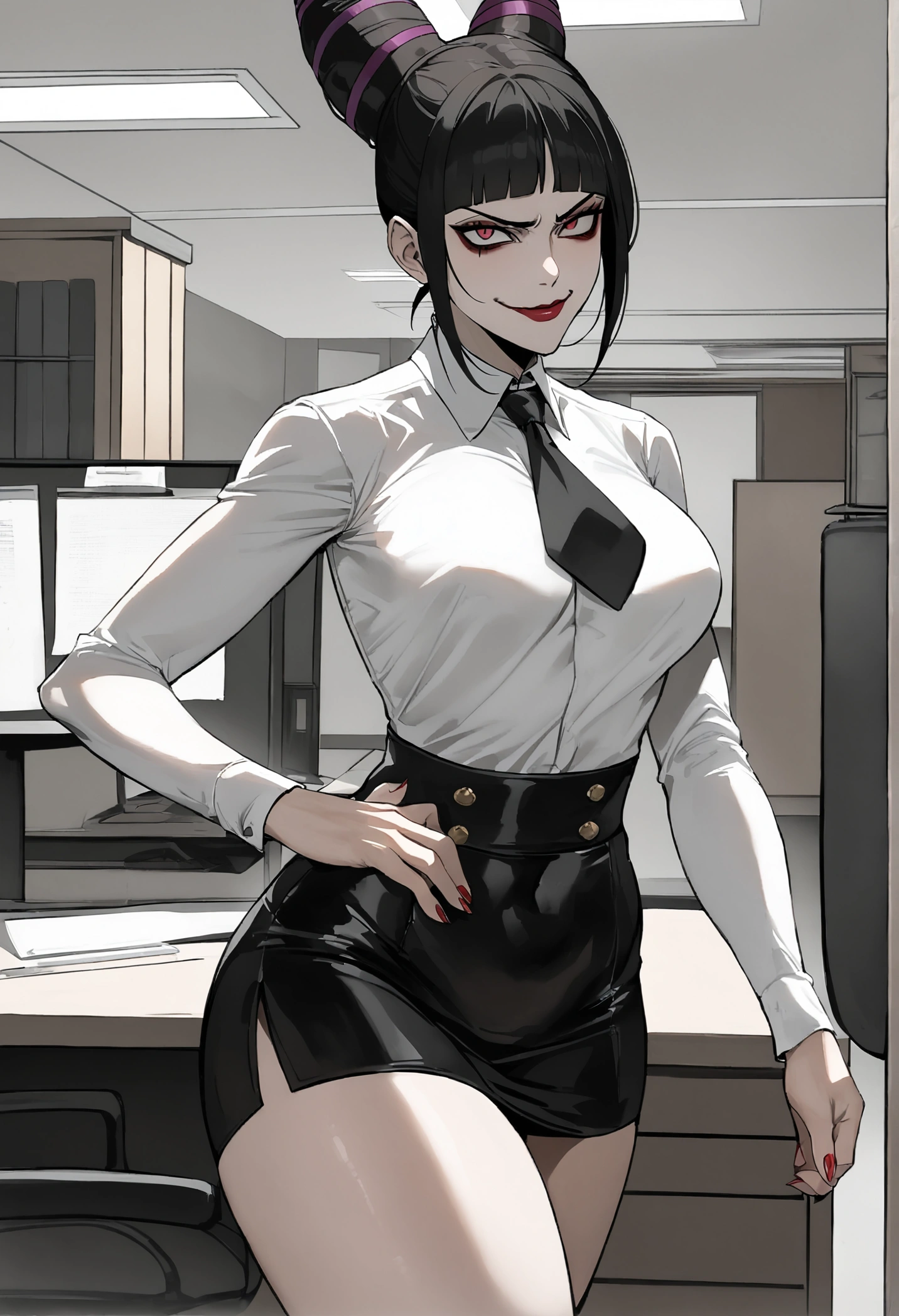 juri han, work of art, tight white secretary shirt with black tie, black high waist skirt, short skirt,stocking, black hair, black tights,evil smile,office,franja nos olhos,iluminação,chifre de cabelos,visão de cima,olhando para cima
