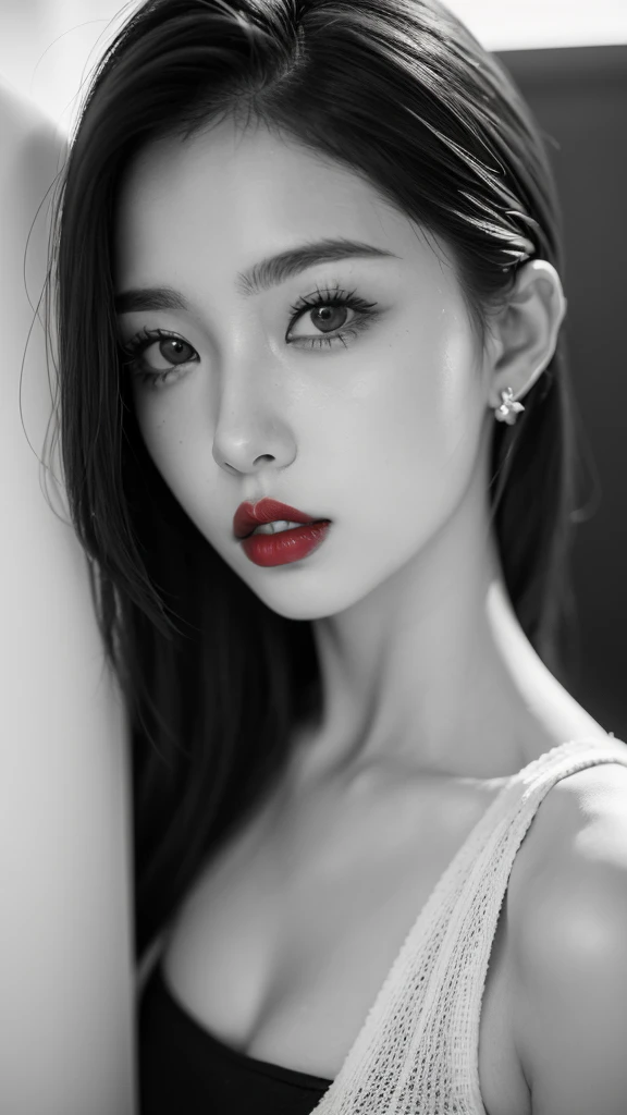 (((Black and White Art:1.2、Black and white photo、RAW photos、Film Grain)))、Beautiful woman、Small nose、((Full lips、Sexy red lips:1.3))、Attractive hairstyle、skirt、best quality、high resolution、high resolution、light、Black and white photo、Professional photographer