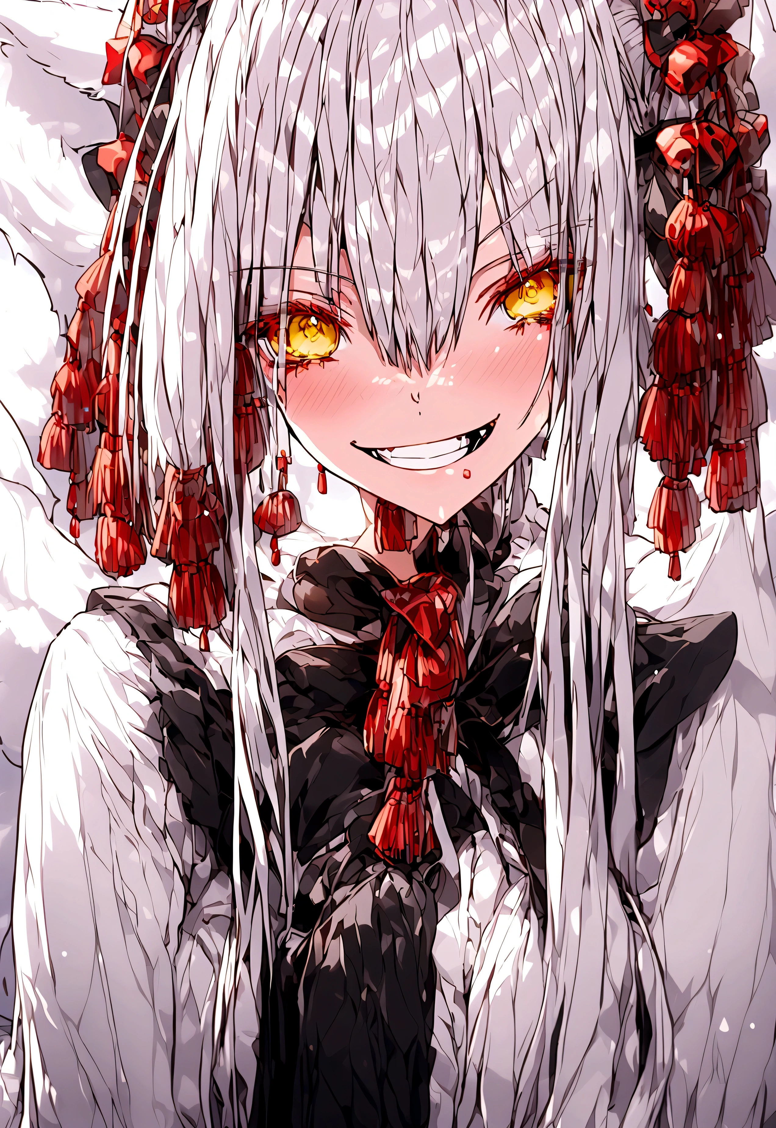 mad grin，White-haired girl，Contracted pupils，blood in face