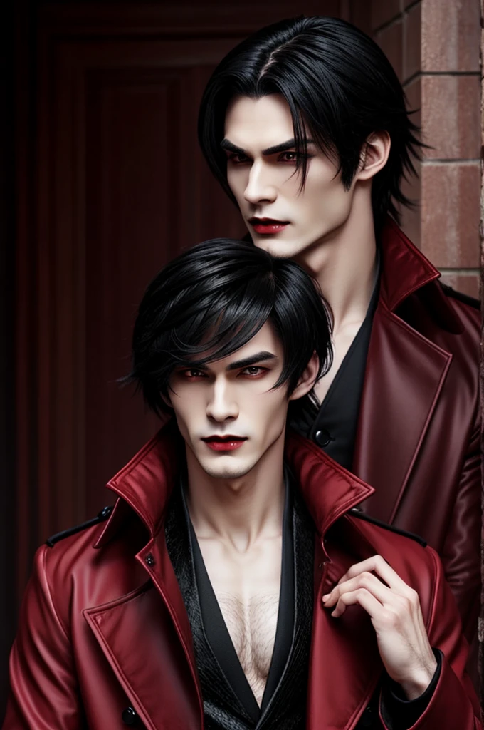 Create two vampires who have just woken up from their slumber，Intimidating vampire full body shooting at low angles，One is a handsome and cold gentleman,Muscular male dam pierre,Vampire gentleman，whaite hair，Dressed in black, Man, Handsome face, Long jacket, Long dark hair, ((red color eyes)), Low angle, Highly detailed, Better face，The other is a noble and elegant vampire girl，glitchpunk girl,pale milky white porcelain skin, Vampires，Smooth translucent white skin, small thighs，Small waist，Small hips，cropped shoulders，Nice collarbone，ultra-realistic realism，big breasts exposed cleavage,The upper part of the body,,Wear a bikini，Tattooed with，red color eyes，goth style，Psychedelic surrealist art，Surrealist psychedelic design，dream art style，Illusion psychedelic art，Quality quantity, Skin texture, Intricate details, (Cinematic lighting), RAW photo, 8K，