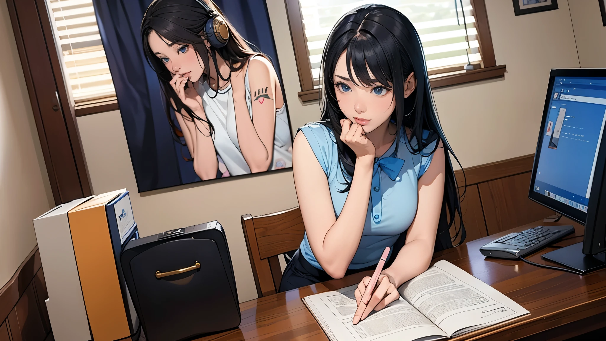 Ultra HD、super high quality、masterpiece、detailed、8K、The place is your room、A high school girl in her room1Person sitting and listening to music on headphones、Studying at a desk、-yeld hischool girl、The high school girl is Russian and has long black hair.、Has blue eyes、She has a flower tattoo and a glamorous figure.、The clothes she's wearing are a camisole and a miniskirt、Knee-high、Pretty sexy、Lo-Fi images,The background is blurred、Nostalgic and relaxing atmosphere、The decorations are retro.、
