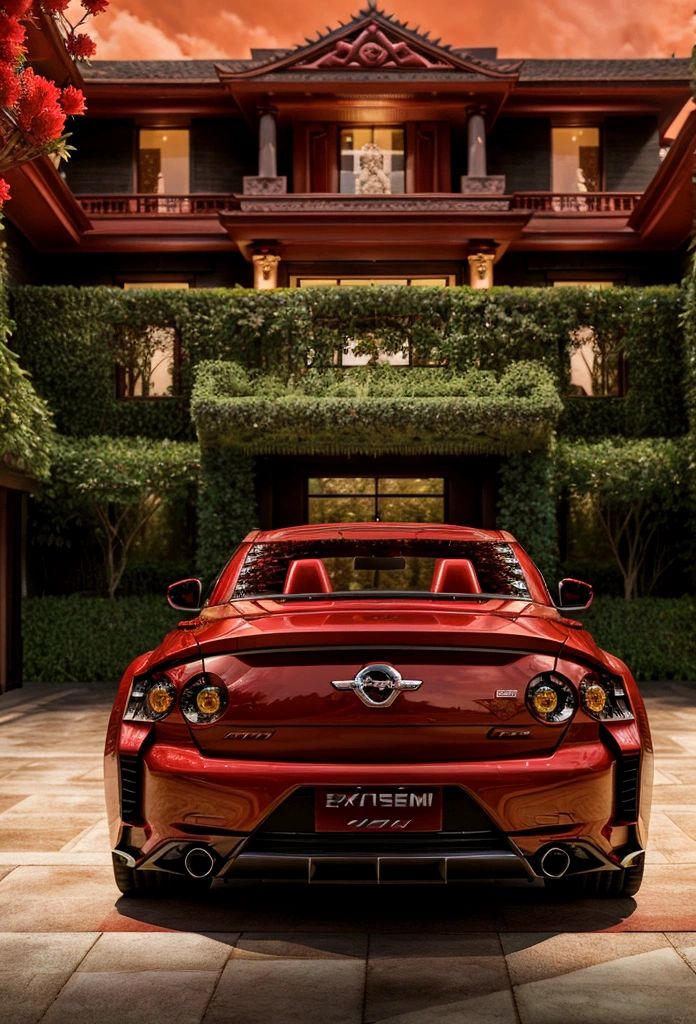 a extravagant showroom with a red Nissan skyline GT car, with intricate carvings and intricate details, surrounded by the lush greenery of the landscape, modern, luxurious and exuberant red mansion. redflowers vegetation.