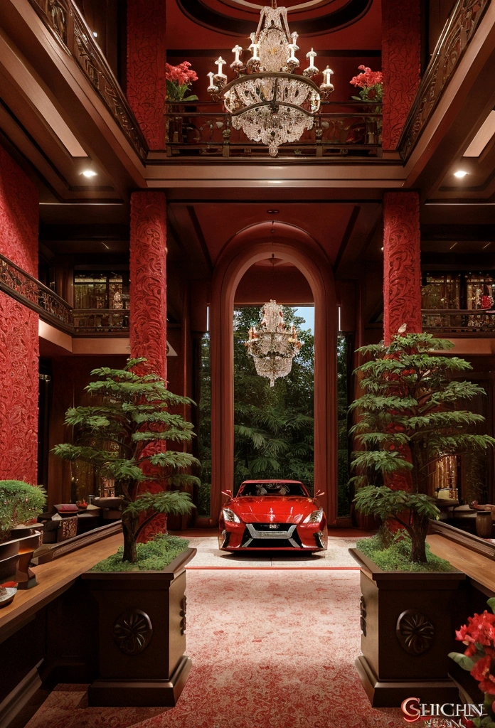 a extravagant showroom with a red Nissan skyline GT car, with intricate carvings and intricate details, surrounded by the lush greenery of the landscape, modern, luxurious and exuberant red mansion. redflowers vegetation.