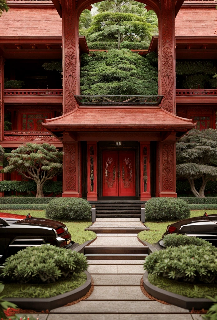 a extravagant showroom with a red Nissan skyline GT car, with intricate carvings and intricate details, surrounded by the lush greenery of the landscape, modern, luxurious and exuberant red mansion. redflowers vegetation.