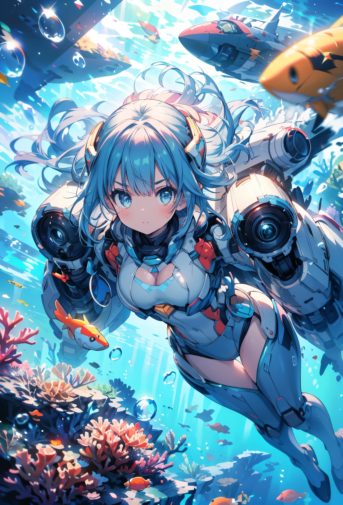 masterpiece, best quality, high resolution, extremely detailed CG, absurdres, highres, 1girl, solo, a girl in mech suit moving fast with rocket boosters under the sea,headgear,Thighs, cleavage,  jets, torpedo, arounded by bubbles, coral, red_hair,Colorful portraits