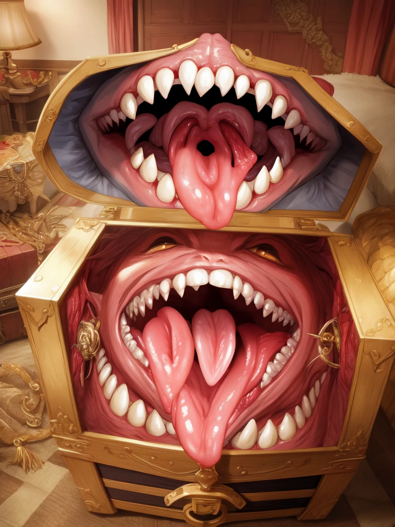 A treasure chest, open, (He has teeth and a monstrous tongue), inside a bedroom, Masterpiece, The best quality, high detail