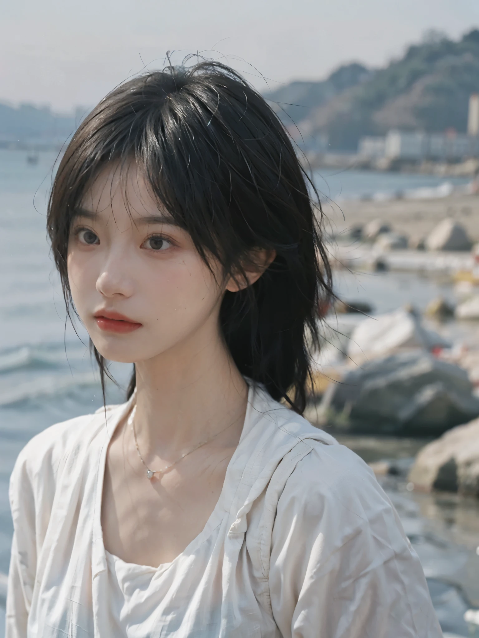 Film portrait photography, 1girls, Lipstick, （big chest：1.2）, Wear a necklace, Cute expression, Exquisite makeup, Vest, serene, calm, (Realistic and detailed eyes, Natural skin texture, Realistic facial details), Soft dramatic lighting, Vibrant details, Detailed and detailed, Surreal, 35mm film, hazy, outdoor, Seaside background, seaside, Depth of Field, Bokeh