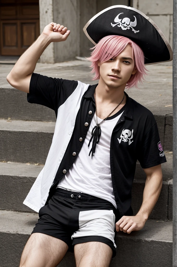 Male character with pink hair white skin no eyes wearing black shorts black shirt no shoes wearing a pirate hat