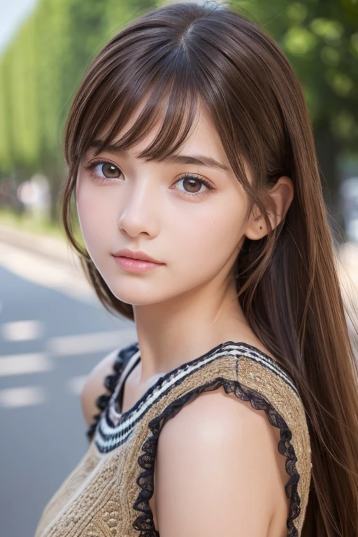 One Girl, (Beautiful girl, Delicate girl:1.3), (15 years old:1.3), break, (France, Famous tourist destinations:1.3), break, (Fashionable clothes:1.3), skirt, break, Very beautiful eyes, (Symmetrical eyes:1.3), break, Small breasts, Brown eyes, Parted bangs, Brown Hair, (Upper teeth, The best smile:0.2), break, (Eye and facial details:1.0), break, (masterpiece, Highest quality, Super detailed, Detailed face, 8K)
