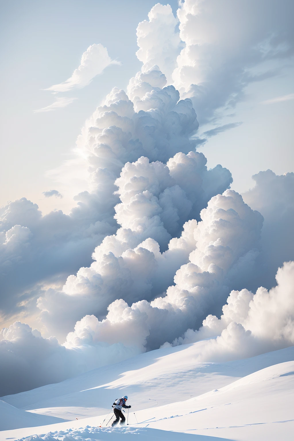 A man skiing on a snowy slope, background ( smokes, gray sky with wispy cloud, light cloud, cirrus cloud, Visible sky and clear atmosphere, Thread. cloud, soft cloud, emitting spore cloud, white cloud, There&#39;s a ray of energy in the air, cloud on surface, wispy cloud, glistening cloud in background