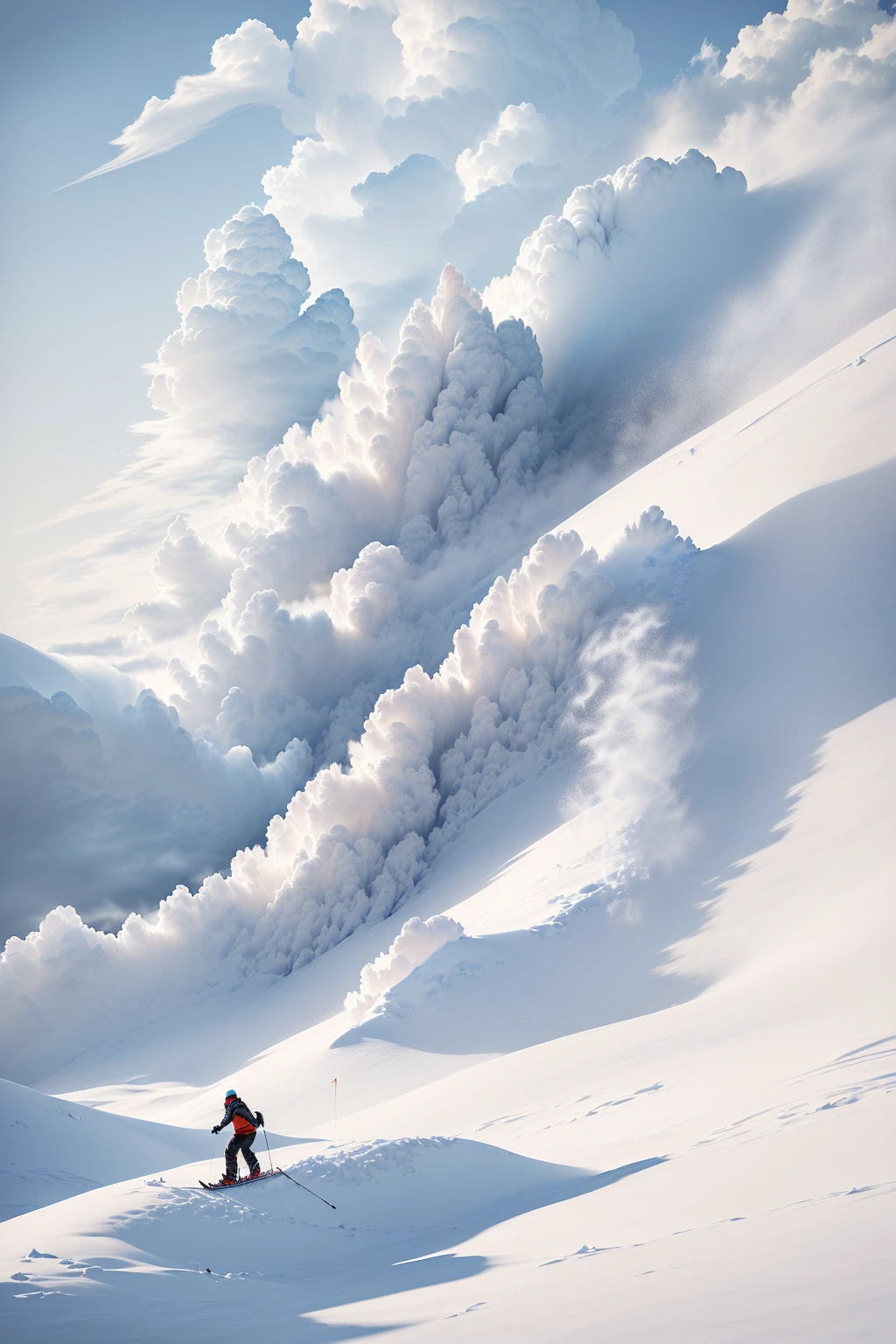 A man skiing on a snowy slope, background ( smokes, gray sky with wispy cloud, light cloud, cirrus cloud, Visible sky and clear atmosphere, Thread. cloud, soft cloud, emitting spore cloud, white cloud, There&#39;s a ray of energy in the air, cloud on surface, wispy cloud, glistening cloud in background