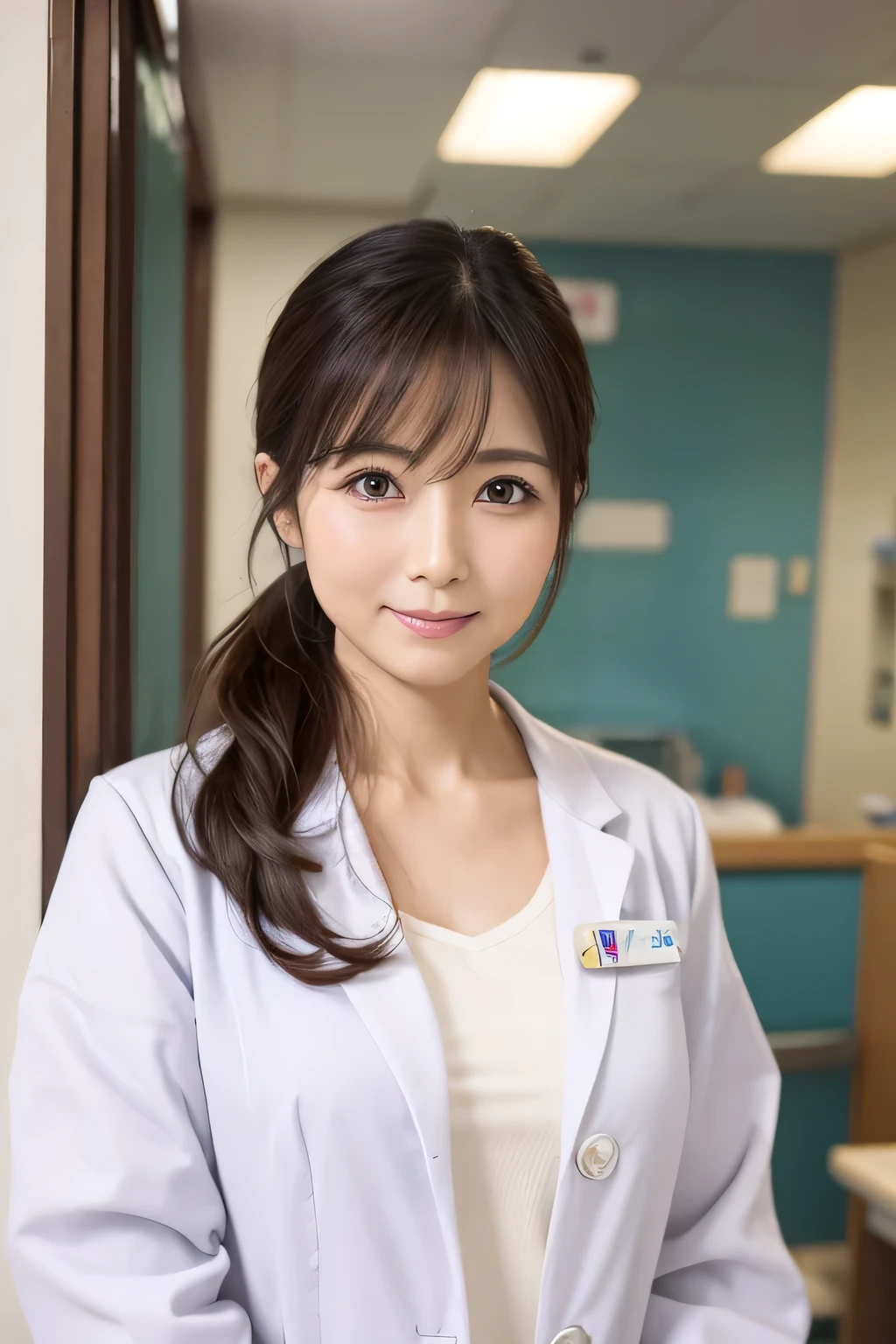 Japanese Beauty 44 years old head nurse White Lab Coat Upper Body The background is the hospital ward