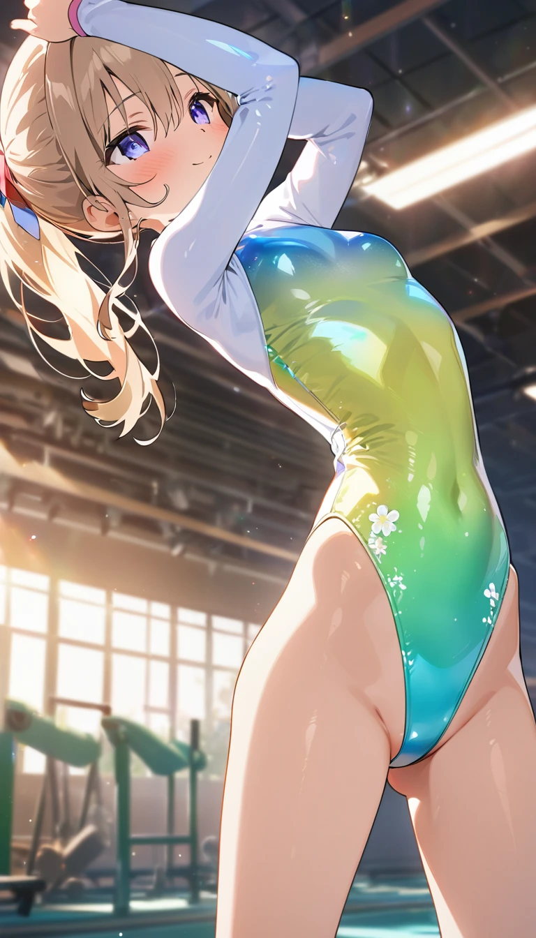 highquality illustration, masterpiece, very delicate and beautiful, attractive girl,(gymnastics leotard, Floral patterns leotard,long sleeve leotard with glittery decoration,high_leg leotard,athletic leotard,tight-fit leotard,iridescent gradient leotard),thin,slender body,slim,high school,gymnasium background,gymnastics club,gymnastics athlete,princess, beautiful eyes,light smile,(masterpiece, best quality:1.2), highres, extremely detailed CG unity 8k wallpaper, perfect lighting, Colourful, ultra-high res,4K,ultra-detailed, photography, 8K, HDR, 17 ages,