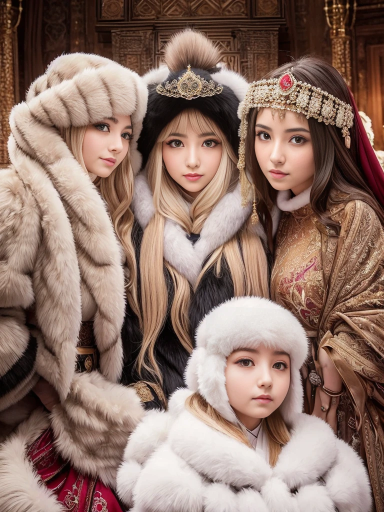 fluffyの毛皮。fluffy。Photos of women in the Turkish royal court。turkish traditional costume。Surrounded by fair-skinned girls。Women wearing fur dresses and veils covering their faces are lined up。Beautiful women in luxurious furs。The dark dungeon of an old stone castle。Fisheye Lens、Fur coat。Multiple women。
