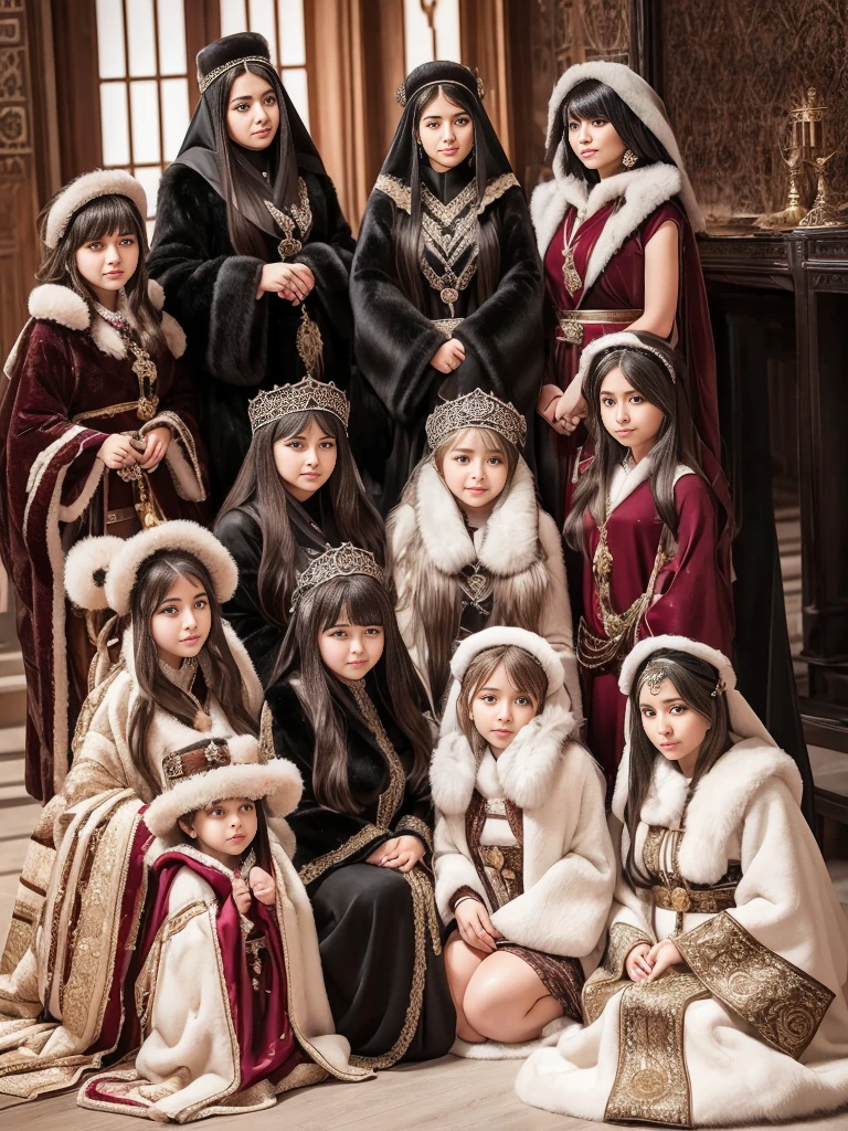 fluffyの毛皮。fluffy。Photos of women in the Turkish royal court。turkish traditional costume。Surrounded by fair-skinned girls。Women wearing fur dresses and veils covering their faces are lined up。Beautiful women in luxurious furs。The dark dungeon of an old stone castle。Fisheye Lens、Fur coat。Multiple women。