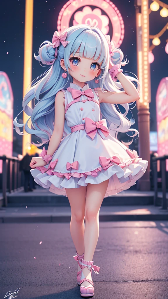 (((bishojo, two girls))), ((kawaii face)), ((kawaii eyes)), (masterpiece), (top quality), (hyper detailed), (exquisite), (depth), (crisp), (8k), (beautiful and aesthetic), (super detailed skin), (high standard), (high resolution), (perfect anatomy), ((full body)), (blush), (bow in hair), (((arm pits))), (blunt bangs), (earrings), (sleeveless, idol costume), (night, amusement park)