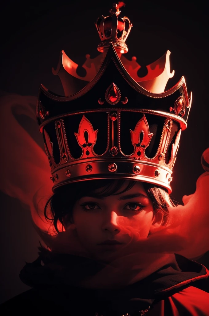 a crown, with black and red background, with lighting around and smoke behind, like a music album cover