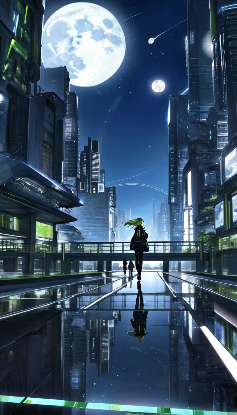 Background setting time: time:night,2150 Location: Moon surface, A closed interstellar urban environment located near the lunar equator: Magnificent lunar landscape,Interstellar city glitters among silvery moon rocks, Blue earth hanging in the distant sky. scene one: Interstellar City Building Exterior Design: Skyscrapers soar into the sky, Made of transparent and reflective material. Futuristic public facilities,Such as floating parks and skywalks. Solar and nuclear power plants, Advanced green energy technology. Live at the event: Citizens walking in the skywalk. Maintain and clean the city's and automation systems.使用Moon surface的灰色沙漠景观作为背景. Dark sky full of stars