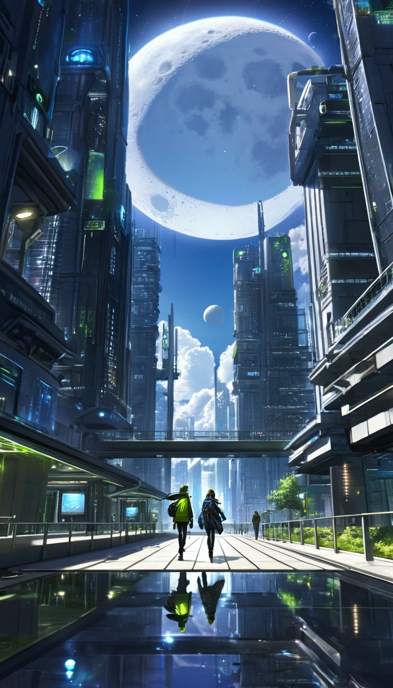 Background setting time: time:night,2150 Location: Moon surface, A closed interstellar urban environment located near the lunar equator: Magnificent lunar landscape,Interstellar city glitters among silvery moon rocks, Blue earth hanging in the distant sky. scene one: Interstellar City Building Exterior Design: Skyscrapers soar into the sky, Made of transparent and reflective material. Futuristic public facilities,Such as floating parks and skywalks. Solar and nuclear power plants, Advanced green energy technology. Live at the event: Citizens walking in the skywalk. Maintain and clean the city's and automation systems.使用Moon surface的灰色沙漠景观作为背景. Dark sky full of stars