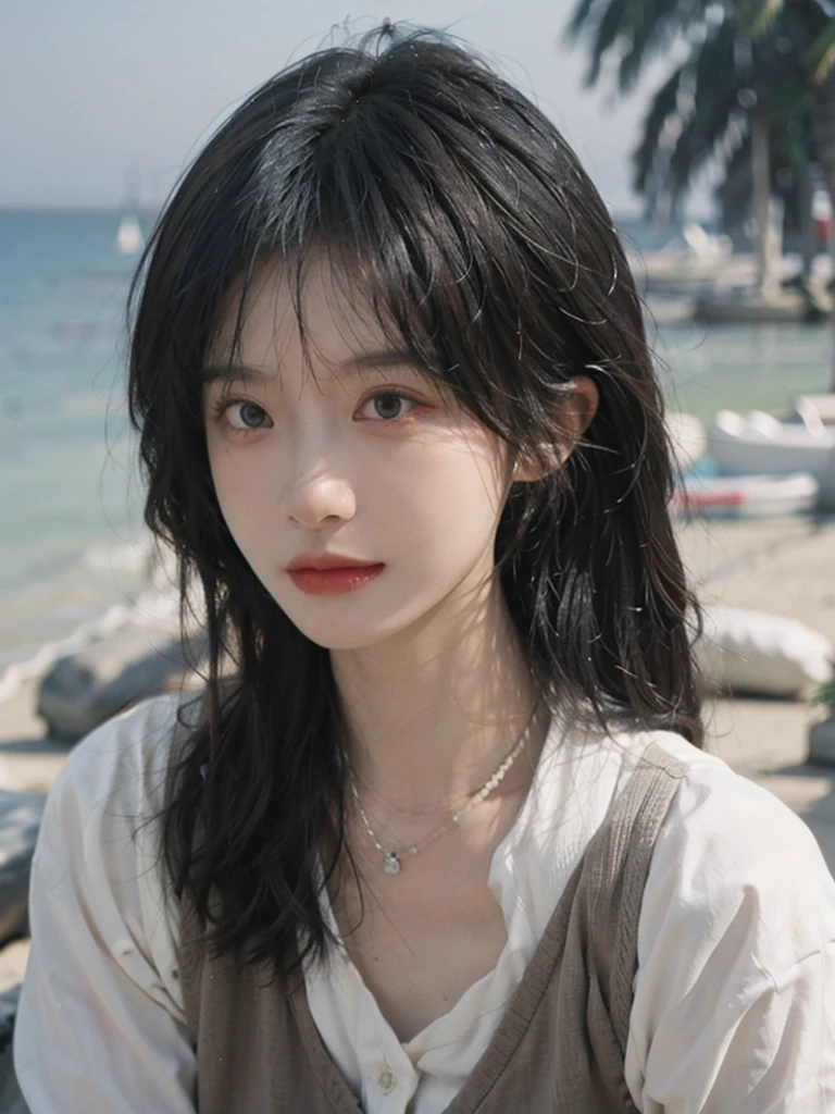 Film portrait photography, 1girls, Lipstick, (big chest:1.2), Wear a necklace, Cute expression, Exquisite makeup, Vest, serene, calm, (Realistic and detailed eyes, Natural skin texture, Realistic facial details), Soft dramatic lighting, Vibrant details, Detailed and detailed, Surreal, 35mm film, hazy, outdoor, Seaside background, seaside, Depth of Field, Bokeh