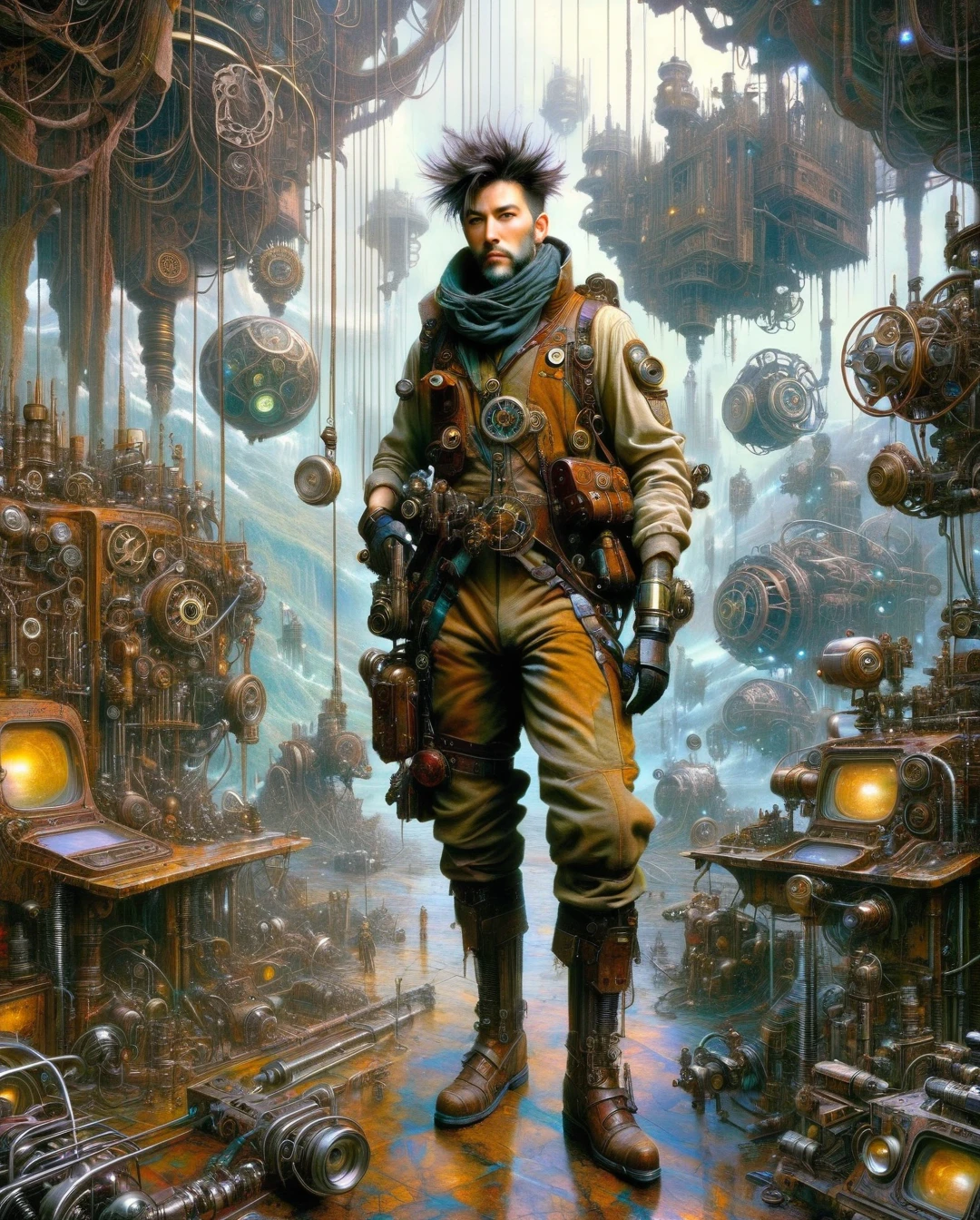 Masterpiece, photorealistic, highly detailed, Illustration of a steampunk explorer in a post apocalyptic setting, surrounded by machine parts, mechanical UI, and post apocalyptic landscapes, Surreal steampunk Art Style, Influenced by Deviantart and Ghost in the Shell anime,Render..,,, artwork inspired by Brian Froud and Carne Griffiths and Wadim Kashin, intricate details, oil