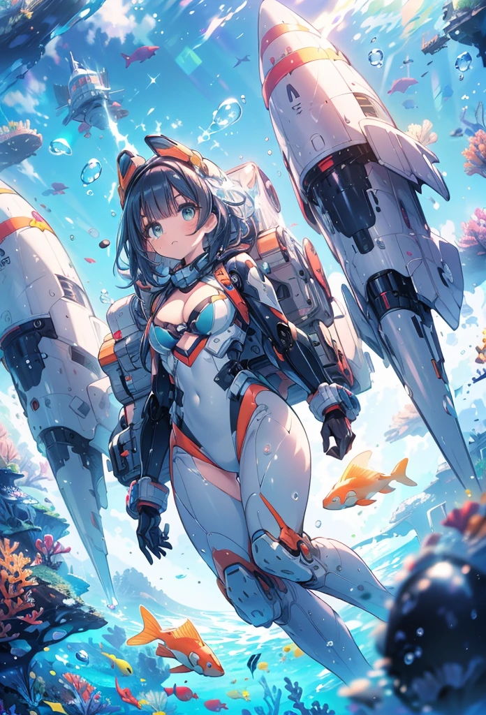 masterpiece, best quality, high resolution, extremely detailed CG, absurdres, highres, 1girl, solo, a girl in mech suit moving fast with rocket boosters under the sea,headgear, ((thighs, cleavage)),  jets, torpedo, arounded by bubbles, coral,((under sea)),Colorful portraits