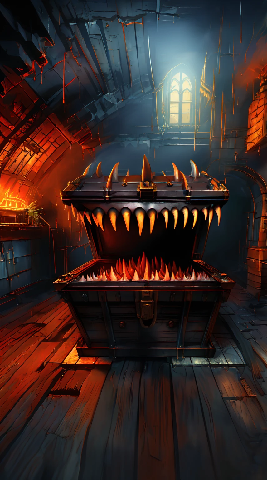 A detailed steampunk-inspired illustration of a creature imitating a ((open iron chest well-formed maw, sharp teeth, long tongue made of wood and leather, in a dark, dank cave, with dripping water and tentacles:1.5)), (best quality, 4k, 8K, high resolution, masterpiece: 1.2), ultra detailed, Sharp focus, (realistic, photorealistic, photo-realistic: 1.37), (masterpiece: 1.3), (best quality: 1.2), ( high quality: 1.1), (photorealistic: 1.37), (extremely detailed: 1.2), (cinematic lighting: 1.2), (dramatic shadows: 1.2), (muted colors: 1.1), ,intense lighting,dramatic lighting,changing lighting,cinematic lighting,chiaroscuro lighting,dramatic shadows,dramatic moments,vivid colors,intense colors,deep contrast,cinematic depth of field,cinematic composition,angle
cinematographic camera