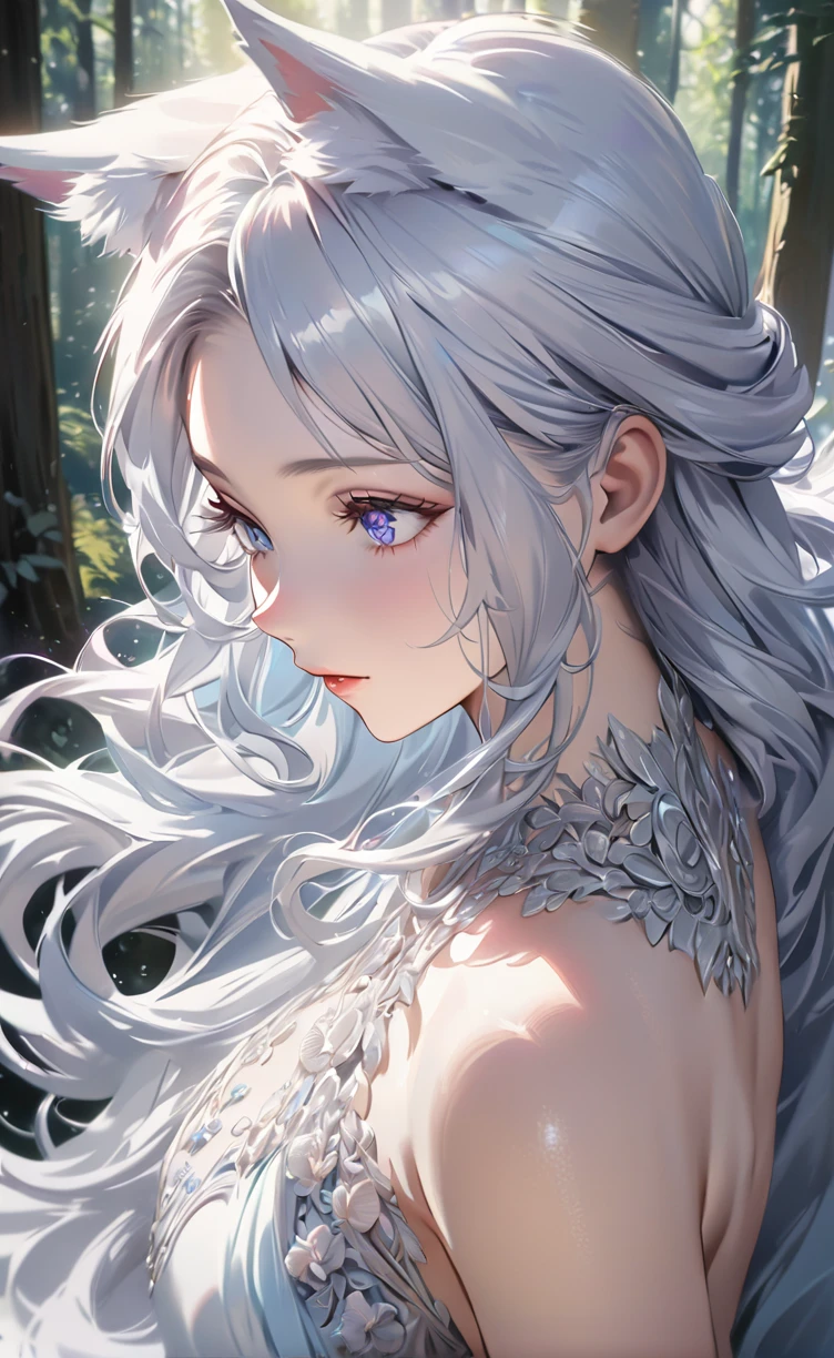 best quality, 8k, high resolution, high quality, a graceful lady, her hair cascading down her back, Beautiful Woman, perfect detailed face, detailed symmetric eyes with circular iris soft natural lighting, symmetrical, natural skin texture, detailed face, photorealism, soft pastel colors sparkling, forest background, photorealistic painting, sharp focus, 8k, perfect composition, cinematic smooth, intricate detail, highly detailed, hyper-detailed dress and hair, with a big white Alpha dominant wolf beside her