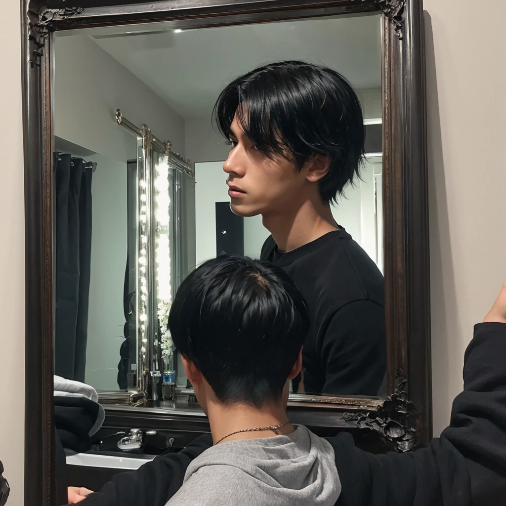 male with black hair taking mirror selfies close