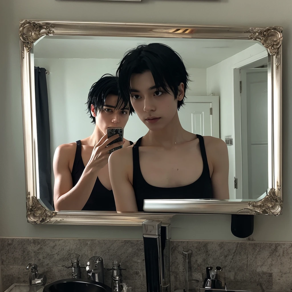 male with black hair taking mirror selfies close