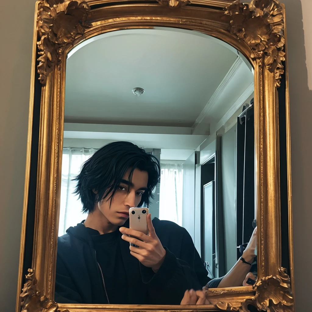 male with black hair taking mirror selfies close