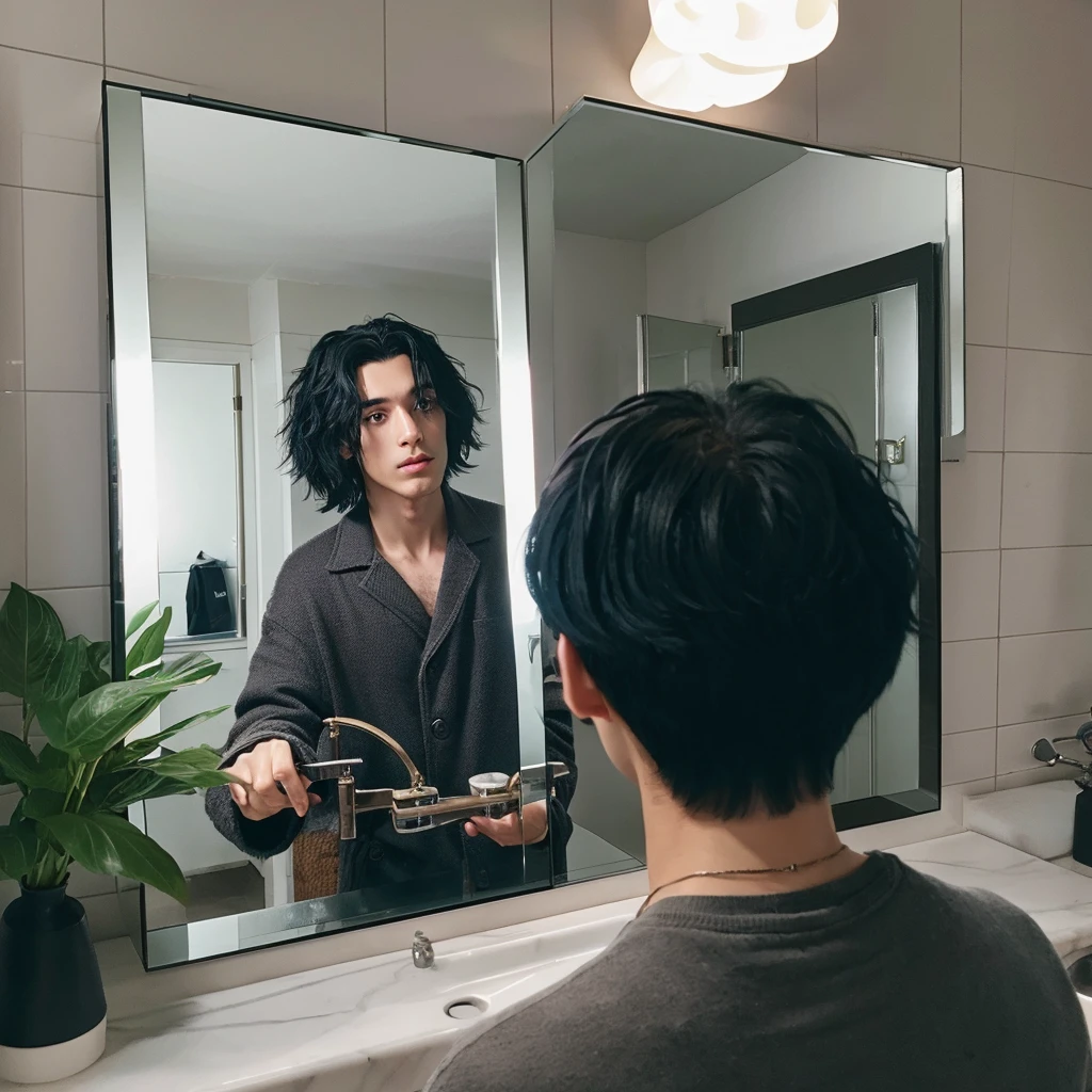 male with black hair taking mirror selfies close