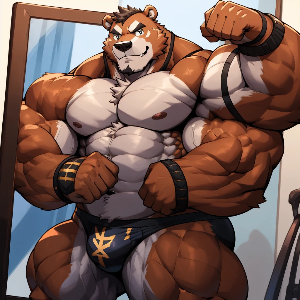 Huge muscular thick Bear bodybuilder shirtless in black competitive briefs and wristbands flexing and posing at the mirror looking at his muscles pumped.