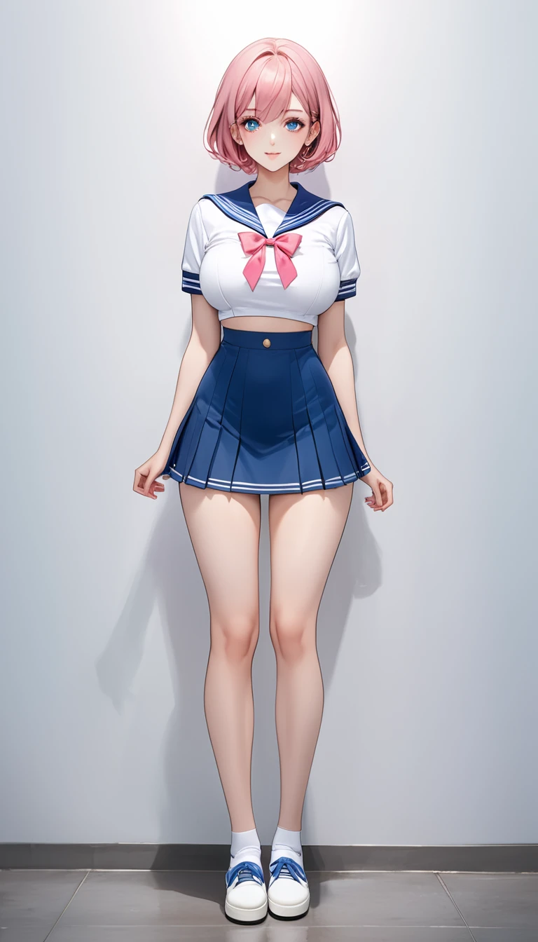 (((masterpiece))),(((High resolution)))、(((8K quality)))、(((Perfect Face)))、((Top quality eyes)), One Girl、24-years-old、Best Bust、Big Breasts、Beautiful Eyes、hot pink hair, Very short hair、blue eyes、Tight waist、Short-sleeved sailor suit、mini skirt、full body shot, front、smile、Simple Background、In front of a white wall、Are standing
