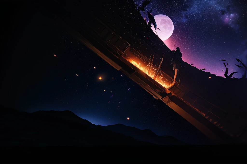 expansive landscape photograph , (a view from In the darkness of the night,A lone wolf roams with pride,Seeking power and might,For a kingdom to reside), (full moon:1.2), ( shooting stars:0.9), (nebula:1.3), distant mountain, tree BREAK production art, (warm light source:1.2), (Firefly:1.2), lamp, lot of purple and orange, intricate details, volumetric lighting, realism BREAK (masterpiece:1.2), (best quality), 4k, ultra-detailed, (dynamic composition:1.4), highly detailed, colorful details,( iridescent colors:1.2), (glowing lighting, atmospheric lighting), dreamy, magical, (solo:1.2)