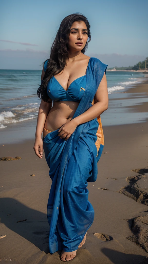 Beautiful girls smooth face full body plus size curve wearing saree blues full body plus size curve location beach, breast size large. Picture quality 8k 16k, 