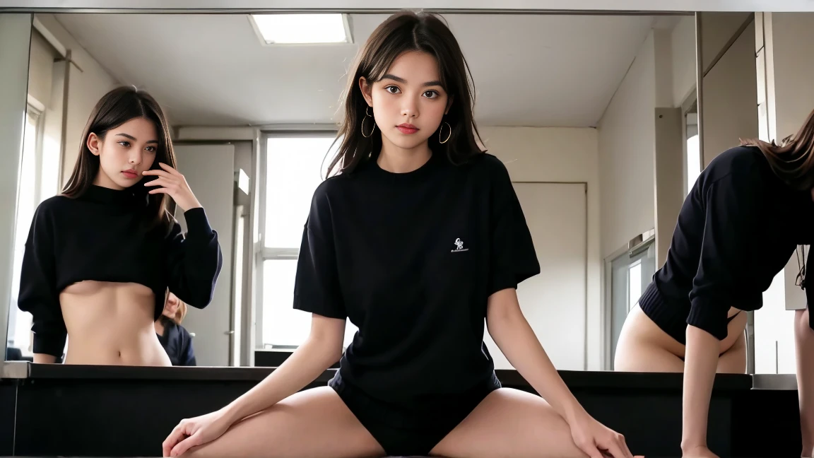 deux femmes ensemble de 18 ans sexy et mince ,black short sleeve sweater, salle de classe, se touche,position sey,sensuel
