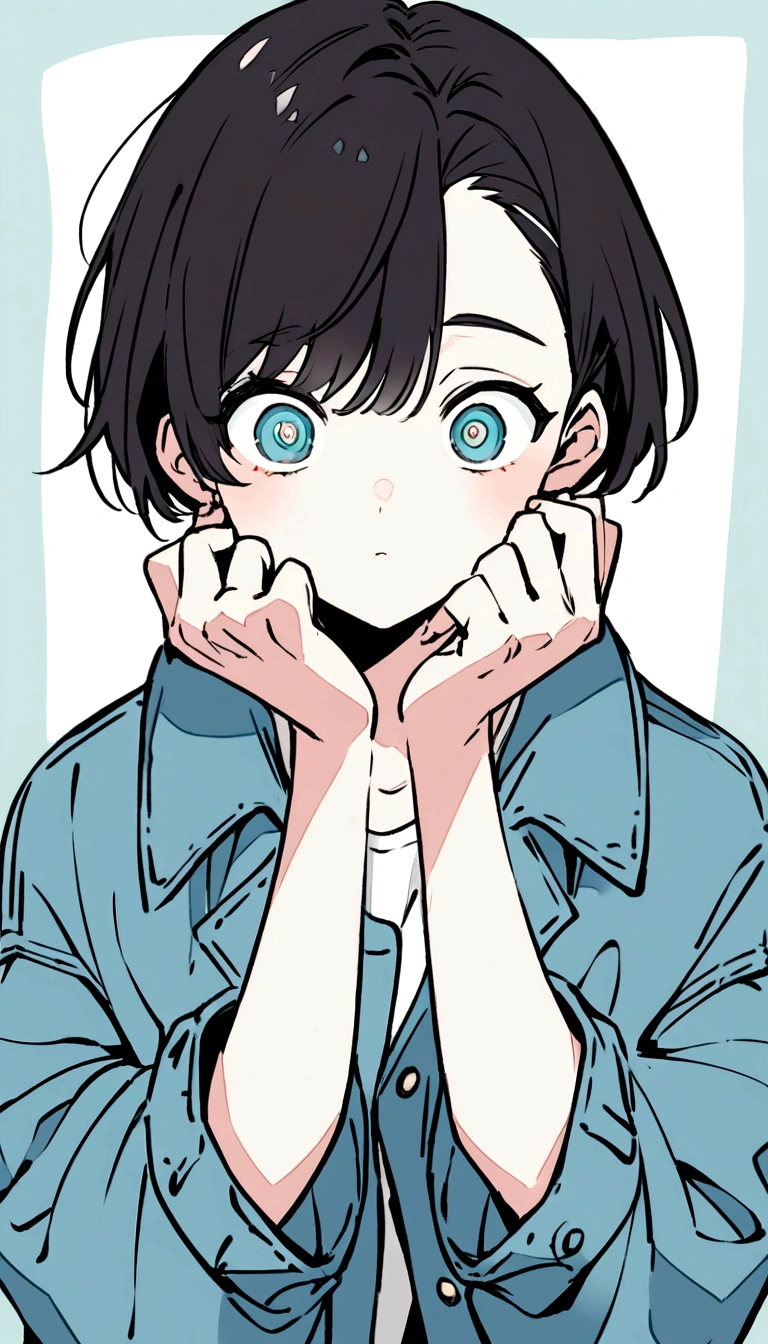 Create an anime-style illustration of a boy with short, slightly messy dark hair. He should be wearing an oversized blue denim jacket. The boy's expression should be one of surprise or shock, with wide eyes and his hands held up to his face, fingers spread apart. The background should be a plain, light grayish-blue color to keep the focus on the character. Ensure the drawing has a clean, detailed, and slightly pastel color palette to match the aesthetic of modern anime illustrations.